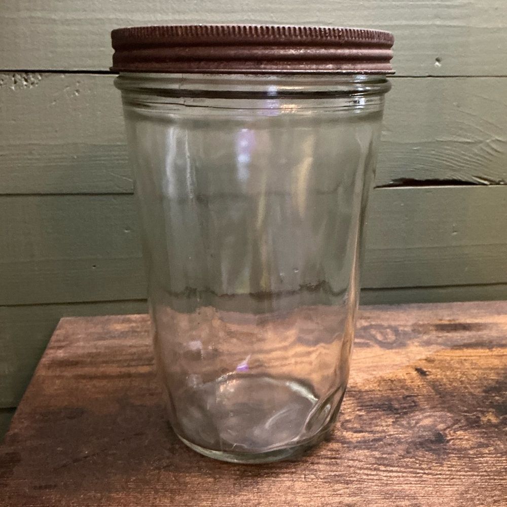 Antique Peanut Butter Jar Glass Storage Jar with Metal Lid Primitive